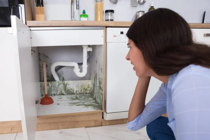 mold that is created on the cabinet by the dishwasher, and a woman that is surprise by the mold.