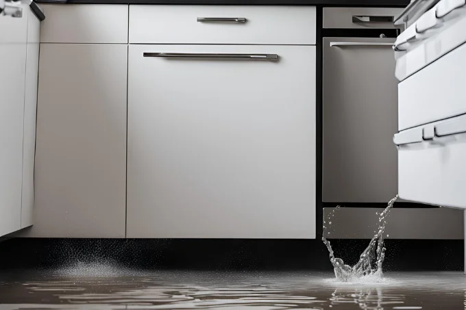 Dishwasher leaking from bottom causing water pooling on the kitchen floor.