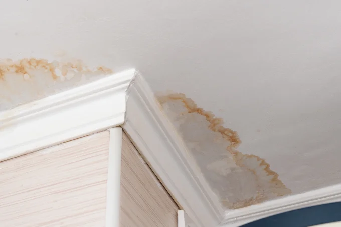 Above you can see some discoloration from ta water damage cause by some leaks in the attics