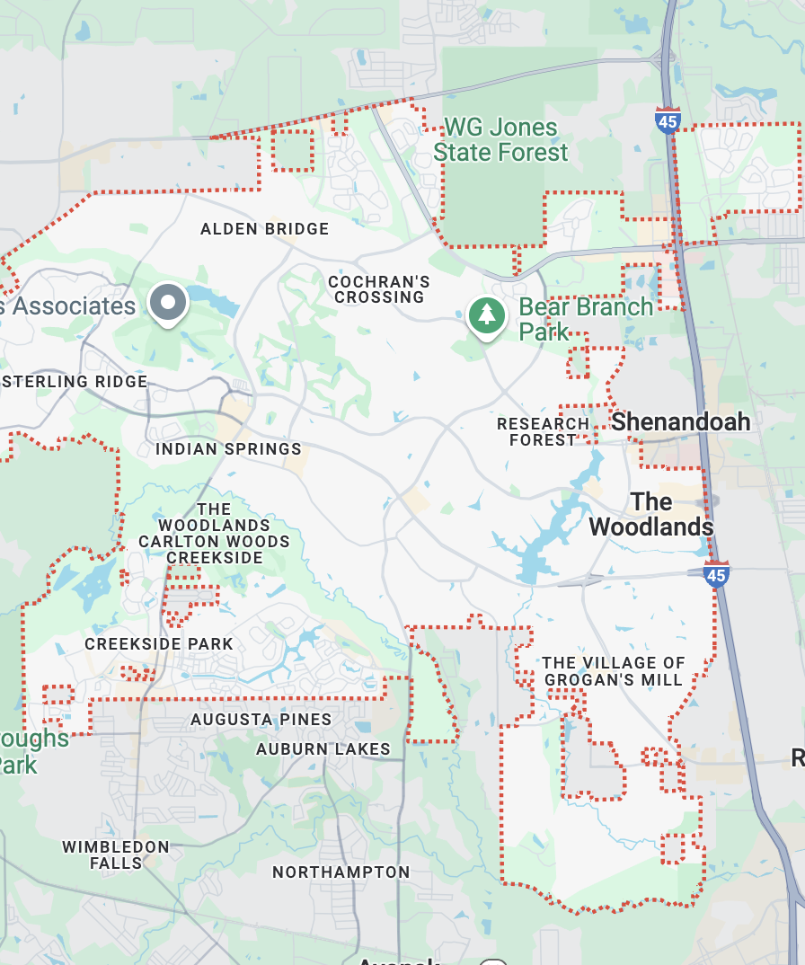 Map of The Woodlands, TX with highlighted communities and landmarks