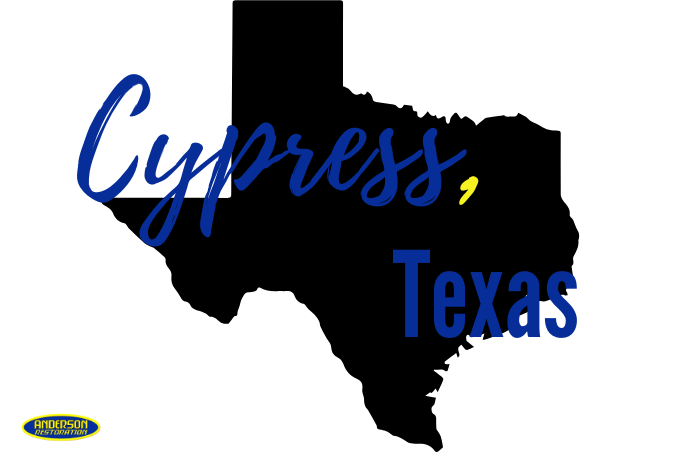 An outline of the state of Texas with the words 'Cypress, Texas' written in a stylized font, emphasizing local services. The Anderson Restoration logo is displayed below. water damage restoration cypress tx