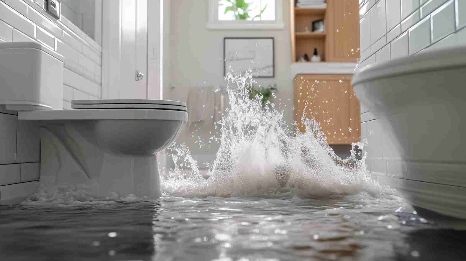 Flooded bathroom with water overflowing onto the floor near a toilet for the blog "Does Renters Insurance Cover Water Leak Damage?"