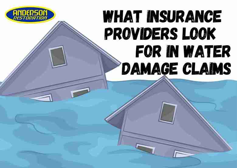 Flooded houses with text: What Insurance Providers Look for in Water Damage Claims. This image represent the blog "Does Renters Insurance Cover Water Leak Damage?"