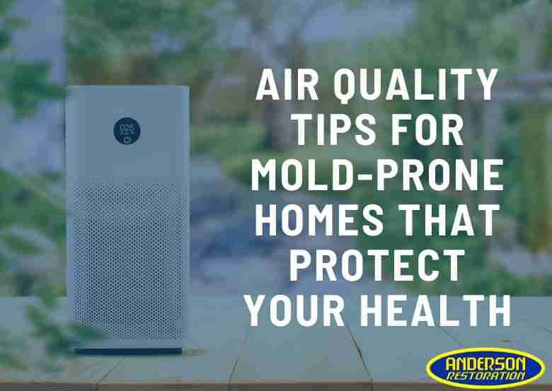 Infographic with the title “Air Quality Tips for Mold-Prone Homes That Protect Your Health” next to an air purifier and Anderson Restoration logo.
