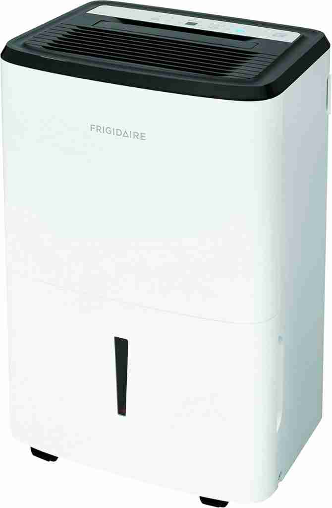 White Frigidaire dehumidifier designed to reduce indoor moisture and prevent mold growth.