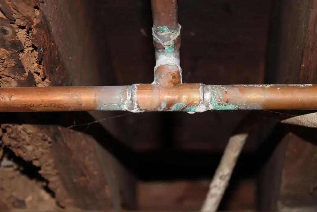 Corroded copper pipes with visible green oxidation and mineral buildup at the joints. this is do to water damage leaks in houston, tx