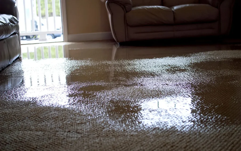 Flooded living room with soaked carpet and two leather couches.