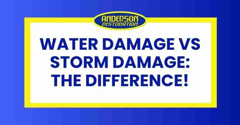 Water damage vs storm damage title graphic with bold blue text on a white background, framed in yellow and blue.