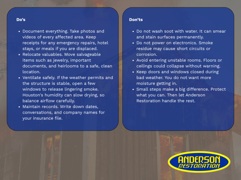 Fire damage restoration safety tips infographic by Anderson Restoration, listing important do’s and don’ts for homeowners in Houston TX.