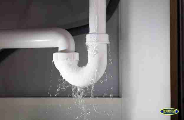 Leaking white PVC pipe under a sink causing water to spill and pool, indicating plumbing issues and potential water damage in College Station, TX.