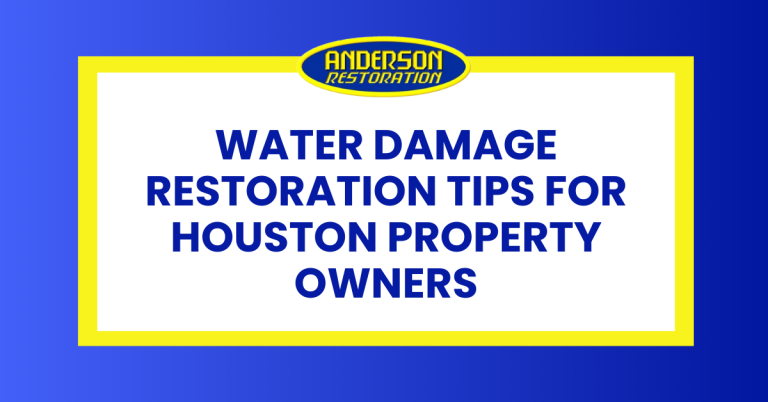 Graphic titled “Water Damage and Warped Wood Floors Explained” about water damage hardwood floor issues, with Anderson Restoration logo on blue and yellow background.