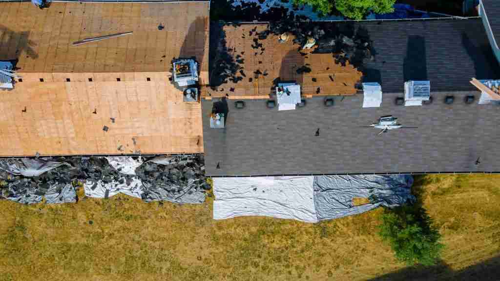 Aerial view of a completed architectural shingle roof