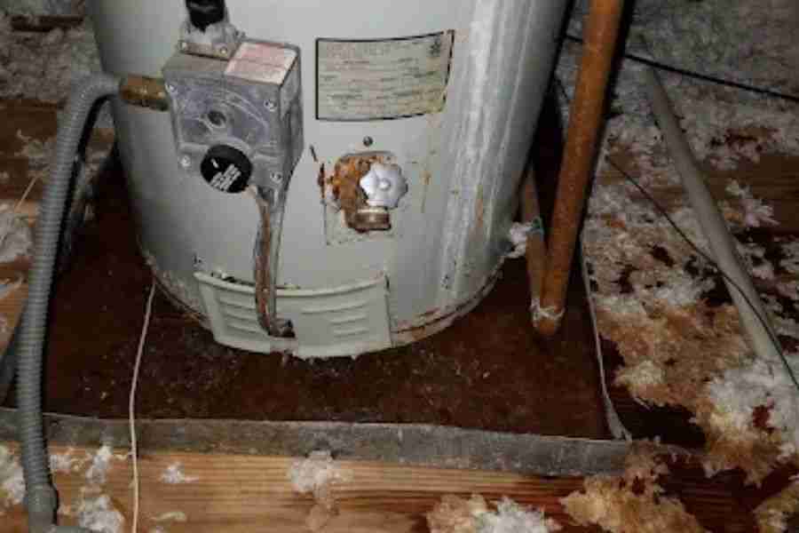 Rust and corrosion from a water heater leak spreading to surrounding surfaces