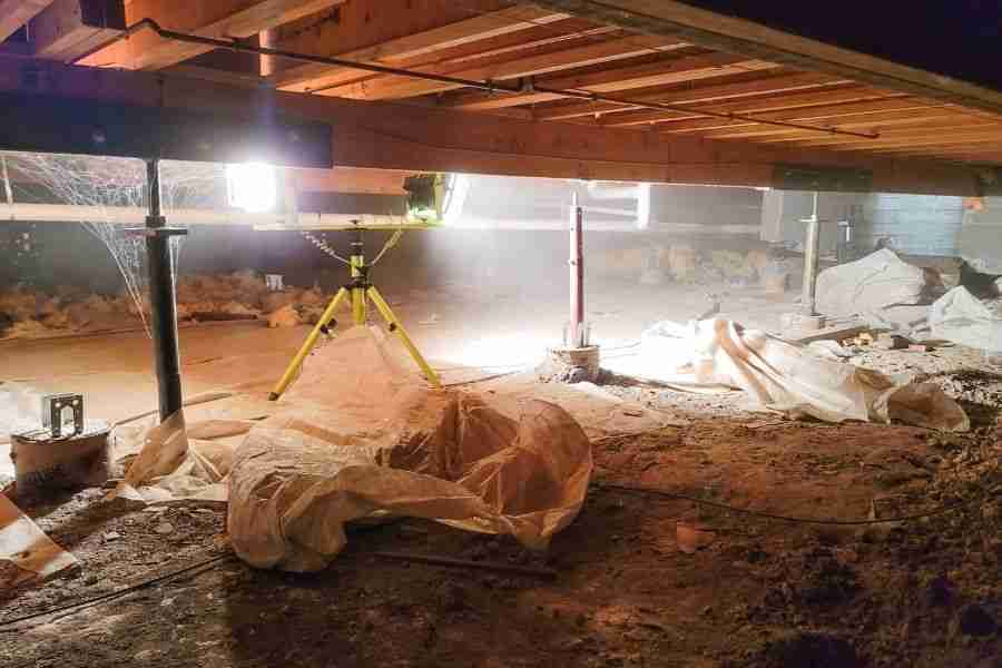Under-home crawl space with work lights, floor joists, support posts, and loose plastic sheeting on a dirt floor.
