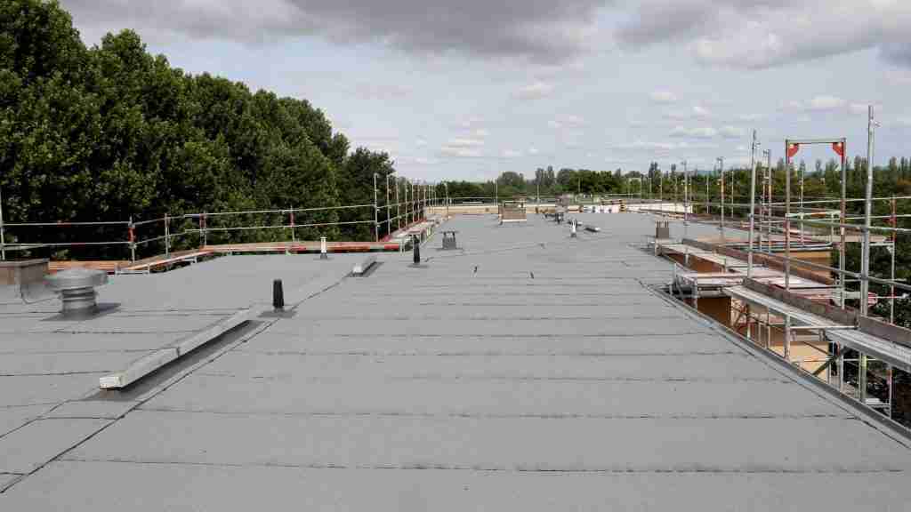 Close-up of a weathered, uncoated flat roof membrane showing cracks, chalking, and ponding water, illustrating roof deterioration without protective coating