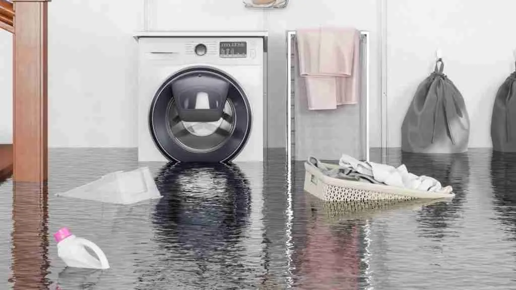Water-damaged laundry room floor with buckled laminate near a washing machine, visible moisture staining on baseboards