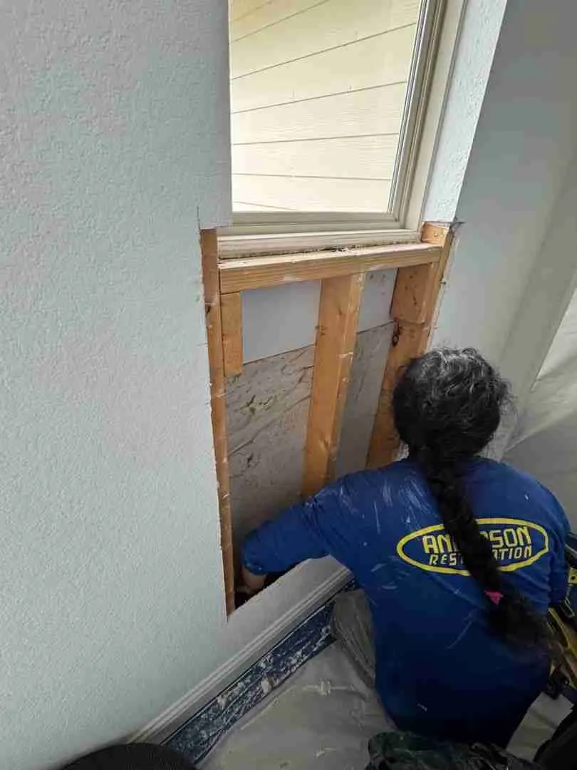 Anderson Restoration technician opening a wall cavity to expose hidden mold inside the framing