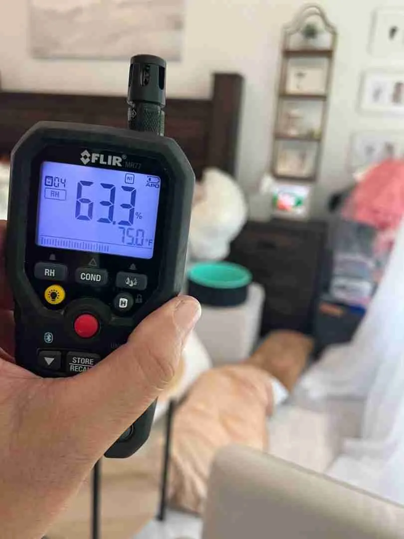 Moisture meter taking a humidity reading inside a mold-affected wall during remediation