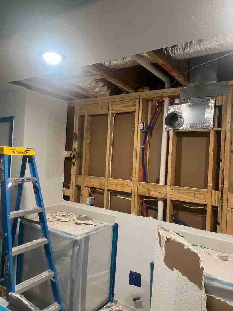 Affected materials removed and wall framing fully exposed for cleaning and treatment