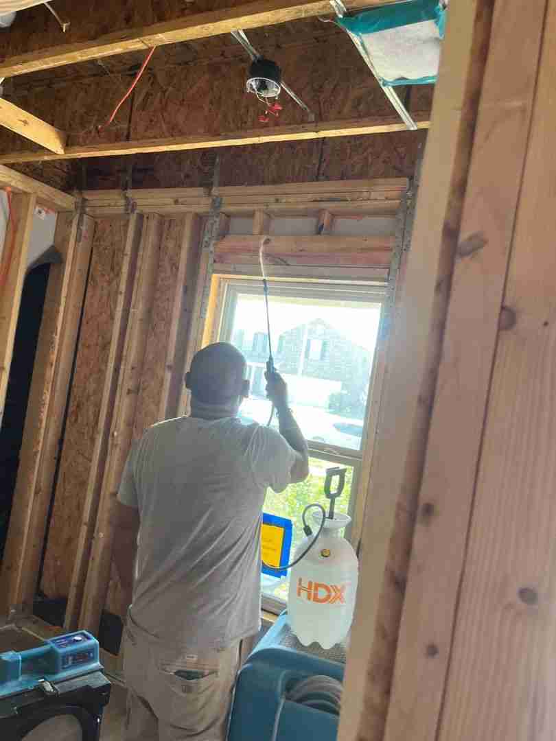 Anderson Restoration technician applying antimicrobial treatment to exposed framing
