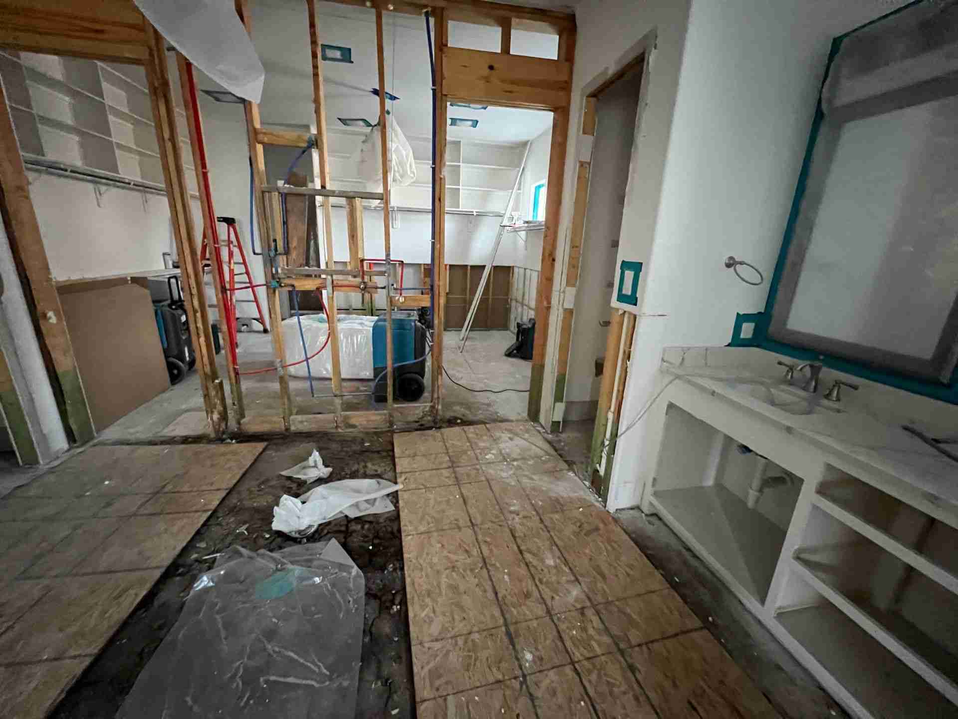 Primary bathroom demolished down to the studs during water and mold remediation in Bellaire TX