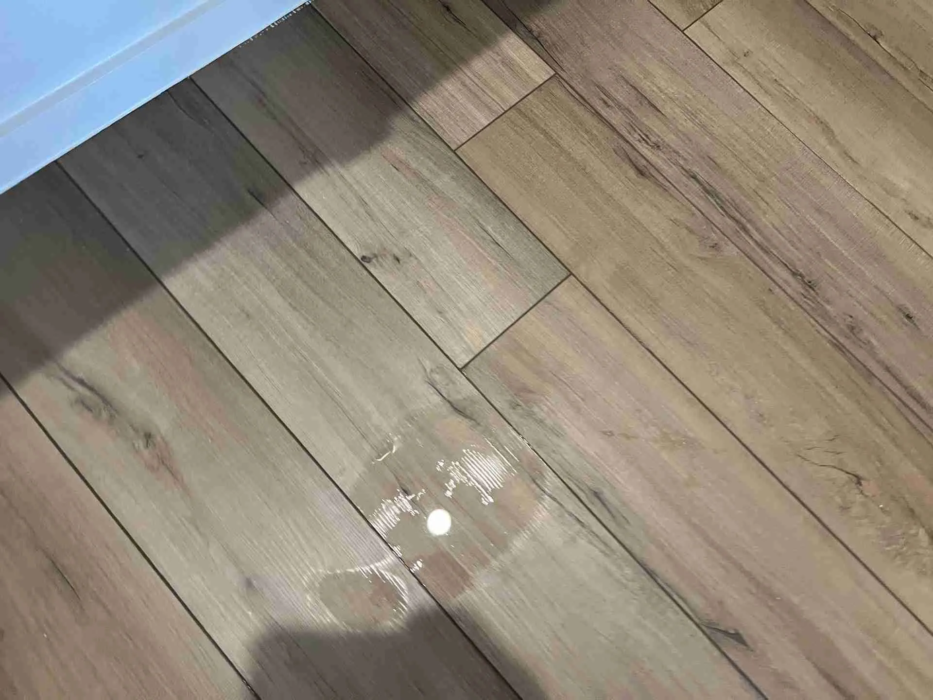Standing water pooled on plank flooring inside a new Fulshear TX home before water damage restoration
