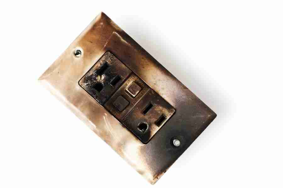 Scorched electrical outlet and warped wall plate showing heavy burn marks after an electrical fire